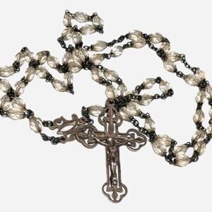 Vintage Catholic Rosary Beads Filigree Sterling Silver Austrian Crystal Patina